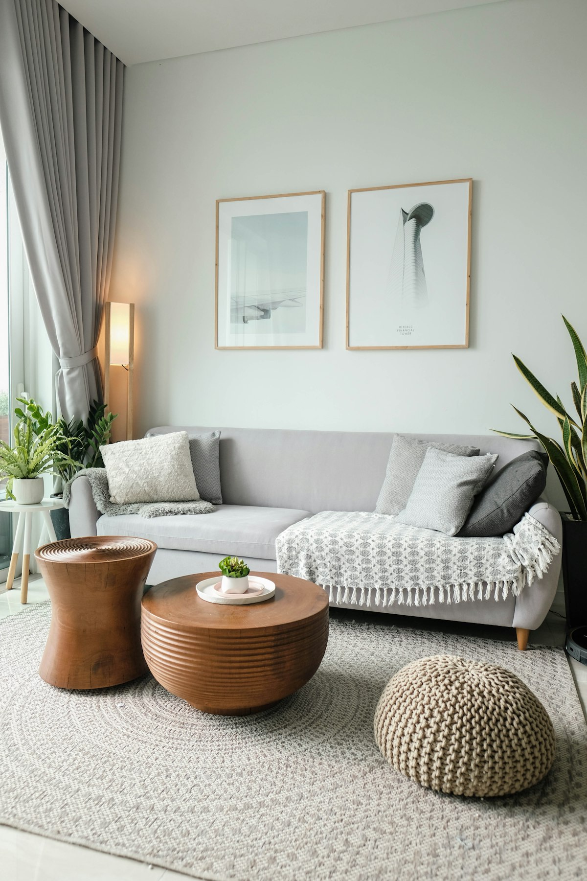 Elegant modern living room with soft lighting, cozy sofa and chic decor